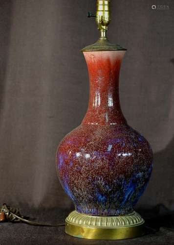 Chinese Flambe Vase Lamp of Straight Neck