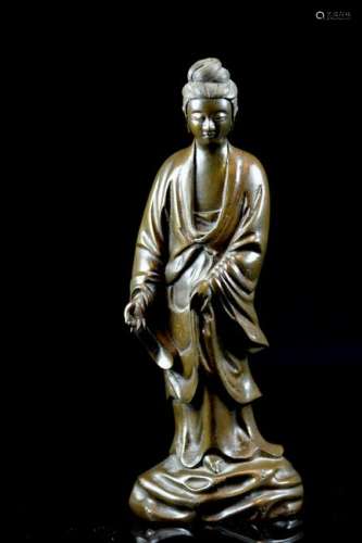 Chinese Bronze Standing Kuanyin with Silver Inlay