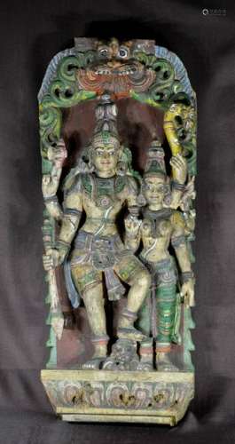 Impressive Antique Indian Wood Carving with Polychrome