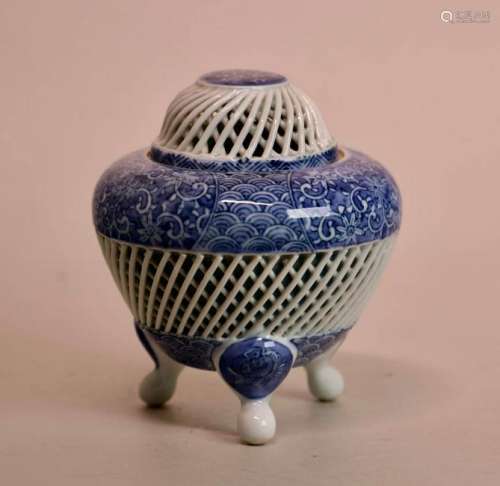 Japanese Blue White Porcelain Censer - Reticulated
