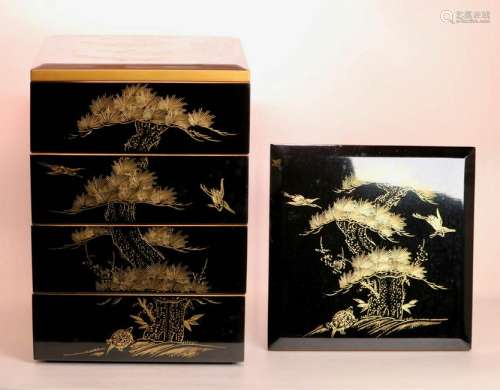 Japanese Stacked Lacquer Set - Incised Turtle and Pine