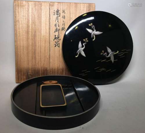 Japanese Lacquer Writing Box with Silver Cranes