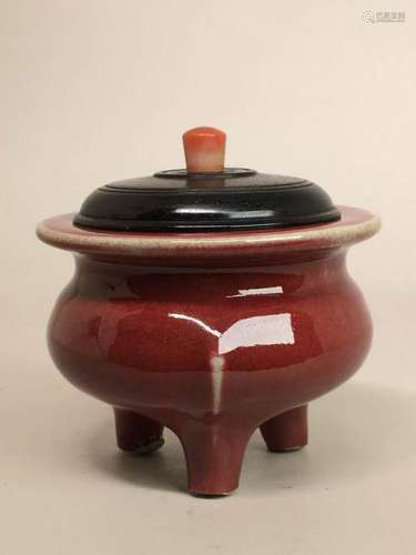 Chinese Flambe Porcelain Censer with Wood Cover
