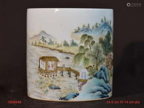 Chinese Famille Rose Porcelain Brushpot - Landscape