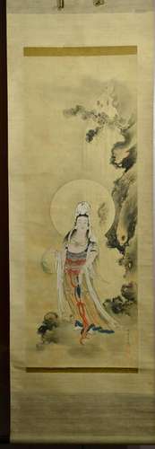 Japanese Water Color Scroll Painting - Kuanyin with wil