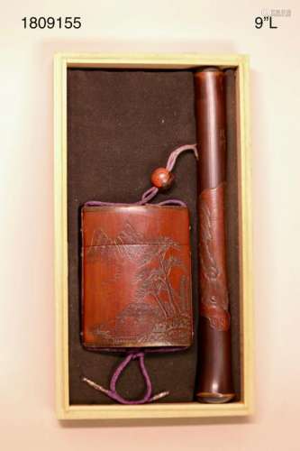 Unusual Japanese Carved Bamboo Tobacco Pipe and Case