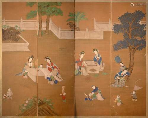 Four Panel Chinese Scroll Painting Floor Screen