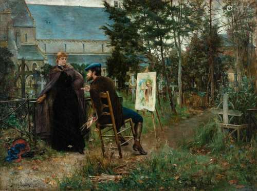 Henry Bacon (American, 1839-1912) Artist in the Garden,