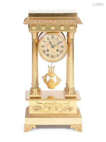 An Empire Style Gilt Bronze Portico Clock Height 19 x