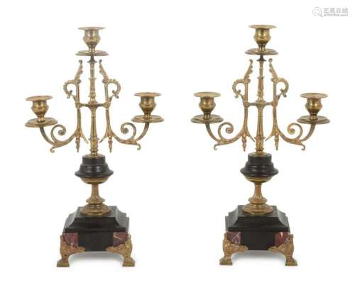 A Pair of Continental Marble and Brass Three-Light