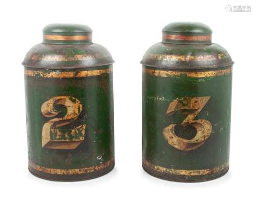 A Pair of Tole Painted Tea Canisters Height 17 inches.