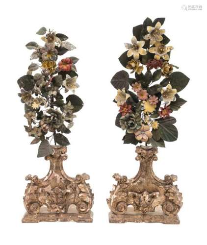 A Pair of Italian Carved and Polychromed Wood Urns