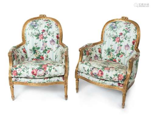 A Pair of Louis XVI Style Carved Giltwood Bergeres