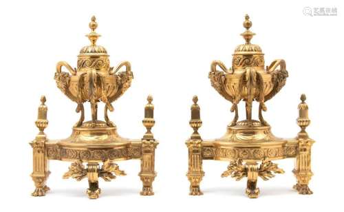 A Pair of Louis XVI Style Gilt Bronze Urn-form Chenets