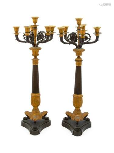 A Pair of Empire Gilt and Patinated Bronze Six-Light