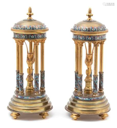 A Pair of French Champleve Enamel and Gilt Bronze