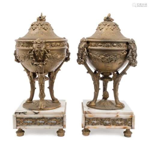 A Pair of Gilt Metal Urns on Onyx Bases Height 13 3/4