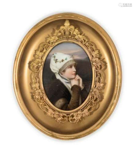 A German Painted Porcelain Plaque of Young Woman