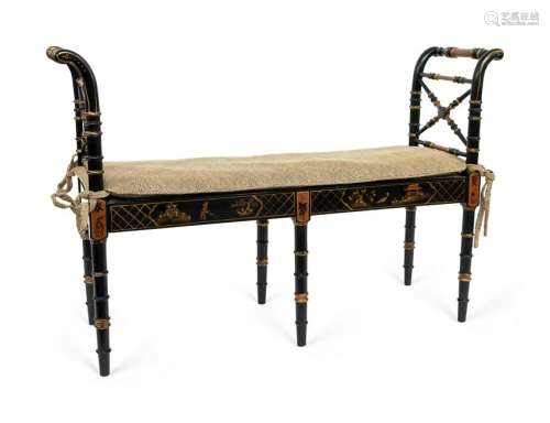 A Regency Style Black and Gilt Painted Rush Seat Window