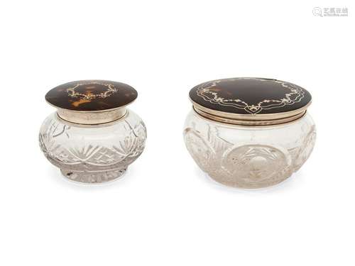 Two English Silver Inlaid Tortoiseshell Lidded Cut