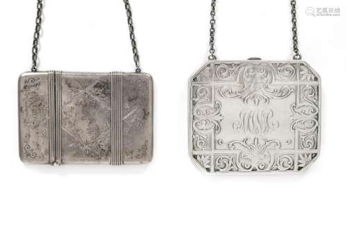 Two American Silver Calling Card Cases with Chain