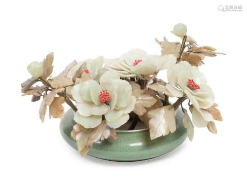 A Chinese Carved Hardstone Floral Arrangement Height 9