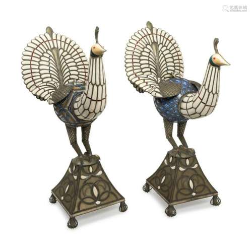 A Pair of Middle Eastern Inlaid Silvered Metal and