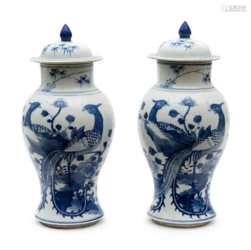 A Pair of Chinese Blue and White Porcelain Lidded Jars