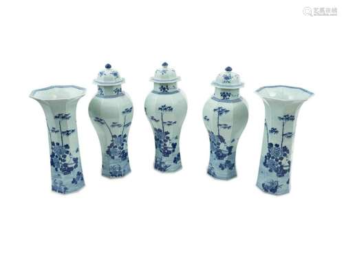 A Chinese Kangxi Style Blue and White Five-Piece