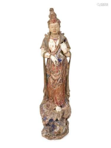 A Chinese Carved and Polychromed Wood Figure of Guanyin