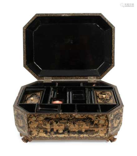 A Chinese Export Lacquer Sewing Box Height 7 x width 15