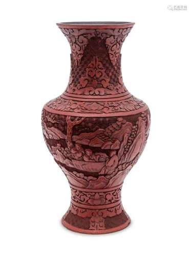 A Chinese Cinnabar Lacquered Vase Height 12 1/2 inches.