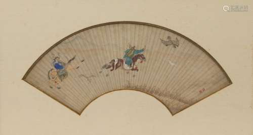 A Chinese Watercolor on Silk Fan Painting Framed 26 1/2