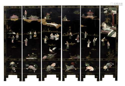 A Chinese Black Lacquer Six-Panel Floor Screen Height