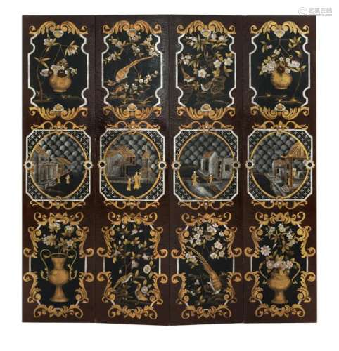 A Chinese Painted Lacquer Four-Panel Floor Screen 19TH