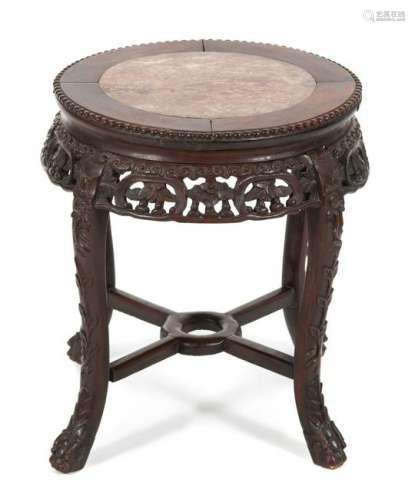 A Chinese Carved Hardwood Table with Inset Marble TopÂ