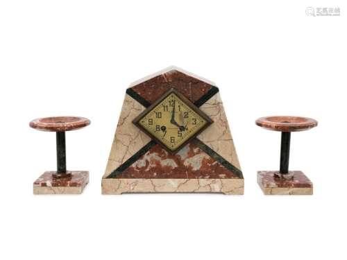 A French Art Deco Faux Marble Clock Garniture Height of