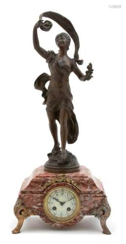 An Art Noveau Bronze & Marble Figural Mantle ClockÂ