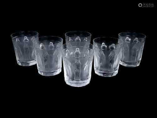 A Set of Six Lalique Molded and Frosted Glass Tumblers