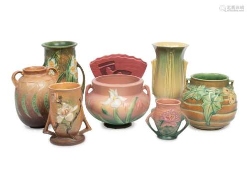 A Group of Eight Roseville Pottery Vases Height of