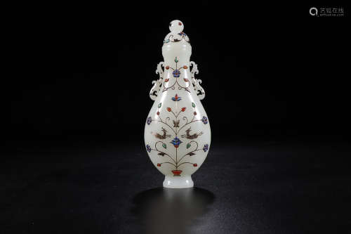 HETIAN JADE CAPPING VASE WITH GEM INLAID