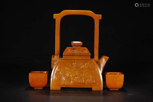 HETIAN JADE LOOP HANDLE TEAPOT 3-PIECE