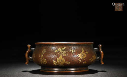 GILT BRONZE FISH-EAR CENSER WITH 'QINGGONG' PATTERN