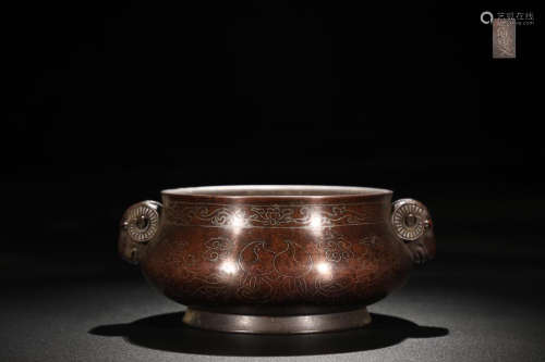 BRONZE WITH SILVER GOAT-EAR CENSER