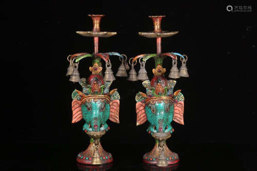 TIBETAN BUDDHISM PAINTED CANDLE STAND IN PAIR