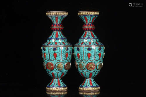 TIBETAN BRONZE VASE WITH GEM INLAID IN PAIR