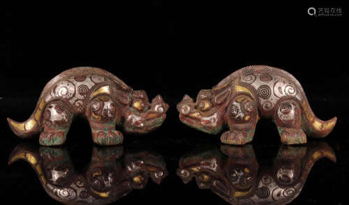 BRONZE WITH GOLD INLAID BEAST IN PAIR