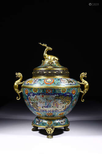 QIANLONG MARK CLOISONNE TRIPOD CENSER WITH BEAST TOP