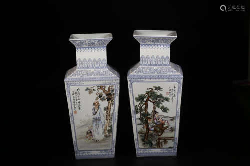 FAMILLE ROSE FIGURE STORY SQUARE VASE IN PAIR