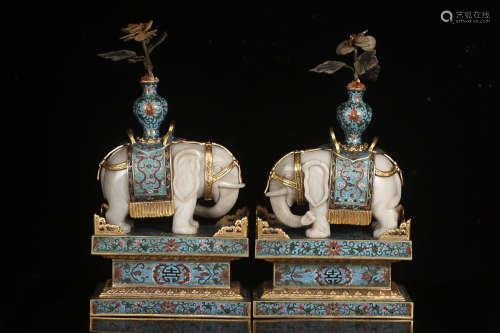 QIANLONG MARK CLOISONNE HETIAN JADE ORNAMENT IN PAIR